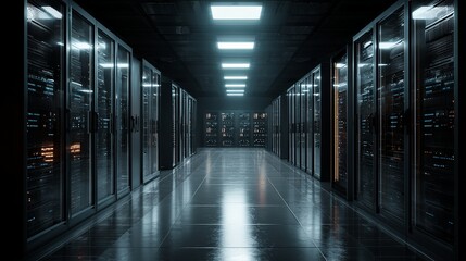Naklejka premium Modern data center infrastructure gleaming with reflected light for IT solutions and secure cloud computing concepts with cutting edge technology