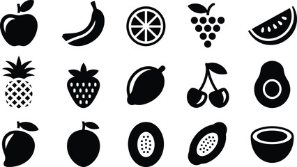 Fruit Silhouette Icon Set – Vector Symbols of Fresh Produce for Food, Nutrition, and Organic Design