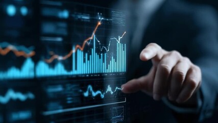 Person in a dark suit interacts with a digital dashboard displaying stock market charts and graphs. - Powered by Adobe