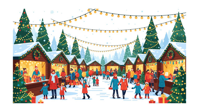 Festive Holiday Market: A bustling winter market scene, where cozy wooden stalls are adorned with festive lights and decorations, offering a delightful array of seasonal goods.