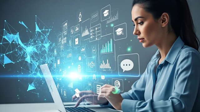 Woman learning online, typing on laptop with futuristic holographic icons, modern education