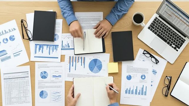 Overhead view of a people meticulously organizing scattered papers, conveying a sense of focused work.