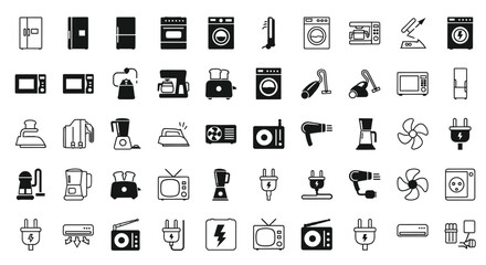 Set of household appliance icons simple black and white glyphs web and mobile isolated on white background