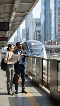 Business professionals waiting for urban train at modern station while checking schedule
