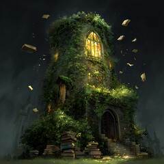 Enchanted library tower illuminated with warm light in the dark