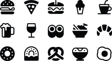 Assortment of Food and Drink Icons in Black Silhouette Style burger pizza