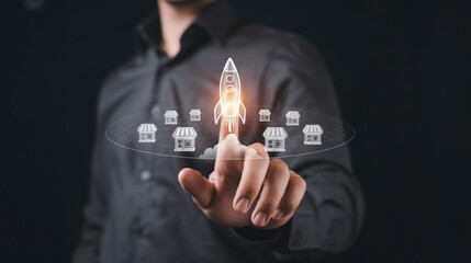 Franchise Business Expansion Concept: Man Touching a Digital Rocket Launching Over a Network of Multiple Store Icons. Startup Growth and Acceleration. Digital Marketing and Commercial Development