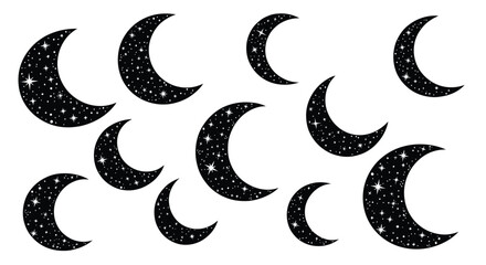 Collection of crescent moon illustrations with stars elements isolated on white background astronomy and astrology concepts