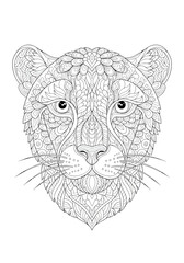 Intricate black and white illustration of a cheetah's face, featuring detailed patterns and designs.