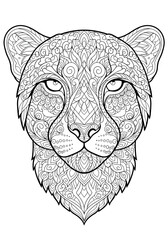 Intricate cheetah head illustration with detailed patterns for coloring or design.