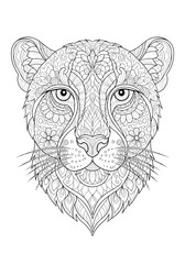 Intricately patterned cheetah head illustration designed as a zentangle coloring page for adults.