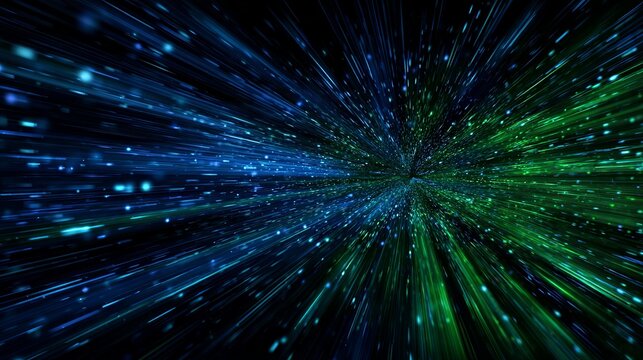 Vibrant blue and green light streaks create a stunning hyperdrive effect for technology backgrounds or modern digital designs, radiating energy