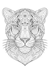 Intricate black and white illustration of a leopard's face, showcasing detailed patterns and designs.