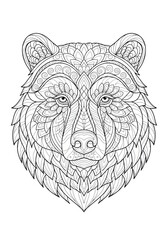 Intricate black and white line art of a bear's head with detailed zentangle patterns for coloring.