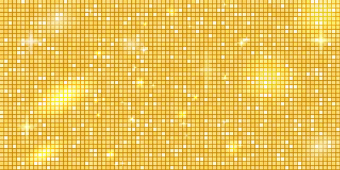 Yellow disco ball mosaic with golden mirror glitter gradient background. Shiny metallic gold tones pattern. Festive fashion light decoration. Glam sparkle Christmas wall. Vector gradation illustration