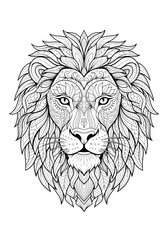 Intricate black and white line art illustration of a majestic lion's head with detailed mane and facial patterns.
