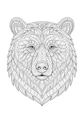 Detailed line art illustration of a bear's head, featuring intricate patterns and zentangle-inspired designs, perfect for adult coloring books.