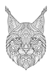 Intricate black and white illustration of a lynx head with detailed patterns and designs.