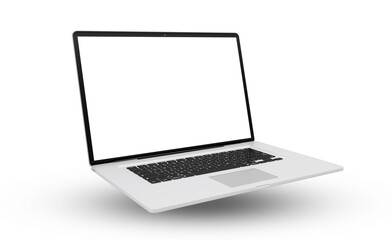 Floating modern laptop computer screen isolated on transparent background with shadows. 3D rendering