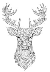 Intricate black and white illustration of a majestic deer's head adorned with detailed patterns and leaves on its antlers.