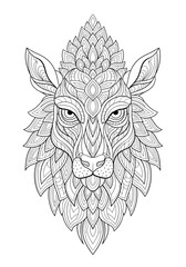 Intricate black and white line art drawing of a deer head with detailed symmetrical patterns, suitable for adult coloring books or decorative prints.