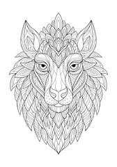 Intricate black and white illustration of a wolf's head, showcasing detailed patterns and designs.