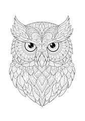 Intricate black and white zentangle illustration of an owl head for an adult coloring book page.