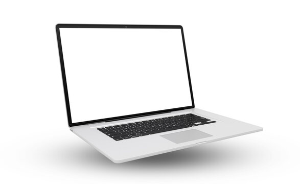 Floating modern laptop computer screen isolated on transparent background with shadows. 3D rendering