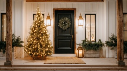 A luxurious front porch welcomes guests with a stunning Christmas tree adorned with lights. The entry door is framed by stylish lanterns, adding to the festive atmosphere