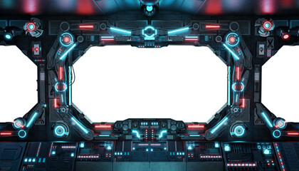Grunge dark spaceship cockpit with isolated cut out transparent window. Futuristic black starship interior with glowing lights. 3D rendering