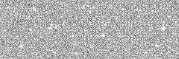 Grey square mosaic sequin background with disco ball shine and glimmer texture. Silver sparkle floor for glam party or abstract shimmer wall design. Vector illustration.