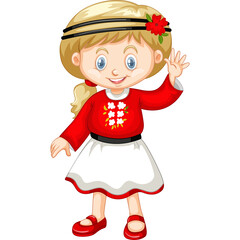 A Smiling Young Girl With Blond Pigtails Wearing a Red Sweater White Skirt and Red Shoes Waving Hello with a Flower Headband