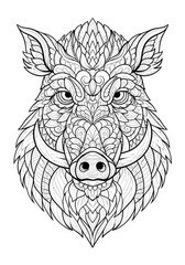 Intricate black and white illustration of a wild boar's head with detailed patterns.