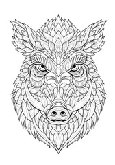 Intricate zentangle-style wild boar head with detailed patterns for an adult coloring page.