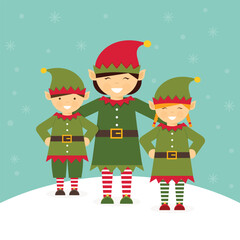 Festive Action, Cheerful Elves, Winter Wonderland, Illustration, Playful Environment, Front View, Holiday Spirit