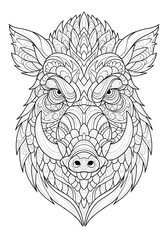 Intricate Zentangle-style illustration of a wild boar's head with detailed patterns and textures.