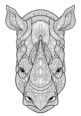 Intricate Zentangle-style adult coloring page featuring a detailed rhinoceros head with elaborate patterns and designs.