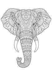 Intricate black and white illustration of an elephant's head, showcasing detailed patterns and designs.