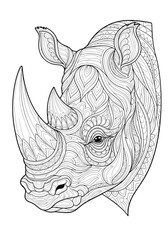 Intricate black and white illustration of a rhinoceros head with detailed patterns.
