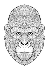 An intricate black and white zentangle illustration of a gorilla's head for an adult coloring book page.