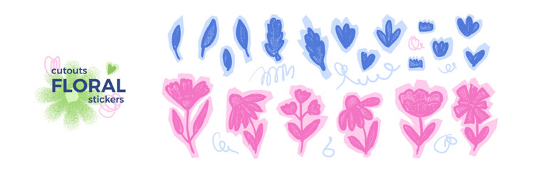 Obraz premium Uneven edged scrapbook scribble cut out flowers. Naive pink and blue leaves and plants paper stickers. Set of scrap book floral shapes with pencil drawn textures. Vector collage cutouts illustration.
