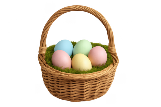 Easter basket filling with colorful eggs on moss - Powered by Adobe