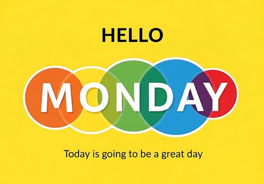 Hello monday text with colorful circles and optimistic message