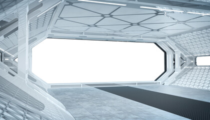 Futuristic bright starship with glowing lights. 3D rendering. White spaceship interior with isolated cut out transparent window © sdecoret