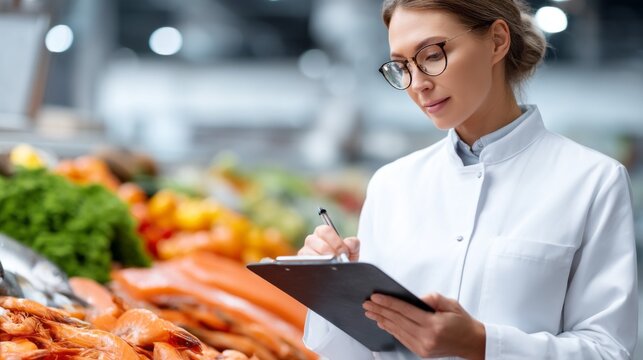 In a bustling market, a food quality control specialist examines fresh seafood. She notes details with a clipboard as vibrant produce surrounds her, ensuring high standards of safety and freshness