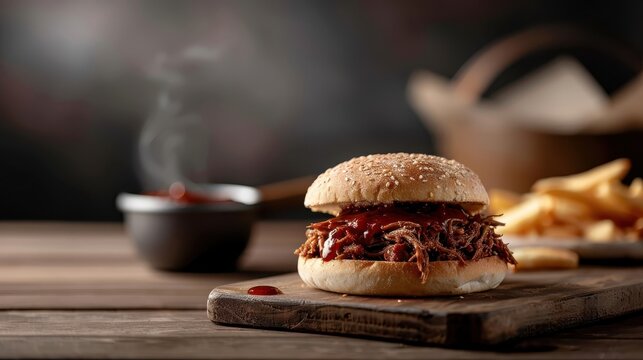 A pulled pork sandwich piled high with tender meat and doused in barbecue sauce.