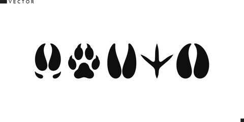 Paw prints icon set. Bull cow pig wolf goat rooster bison and fox paw prints