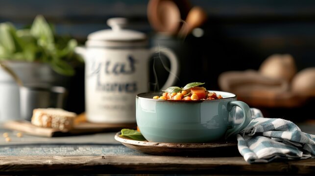 A vintage-style poster advertising split pea soup at a cozy soup kitchen.