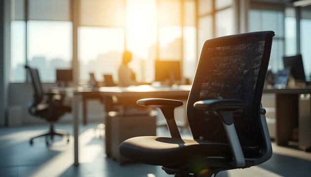 Empty office chair with sunlight on it, concept of new opportunity or job vacancy, blurred modern office background, wide copy space for text.”