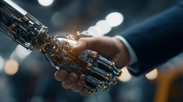Handshake between a human hand and a robotic, metallic hand with exposed circuitry.